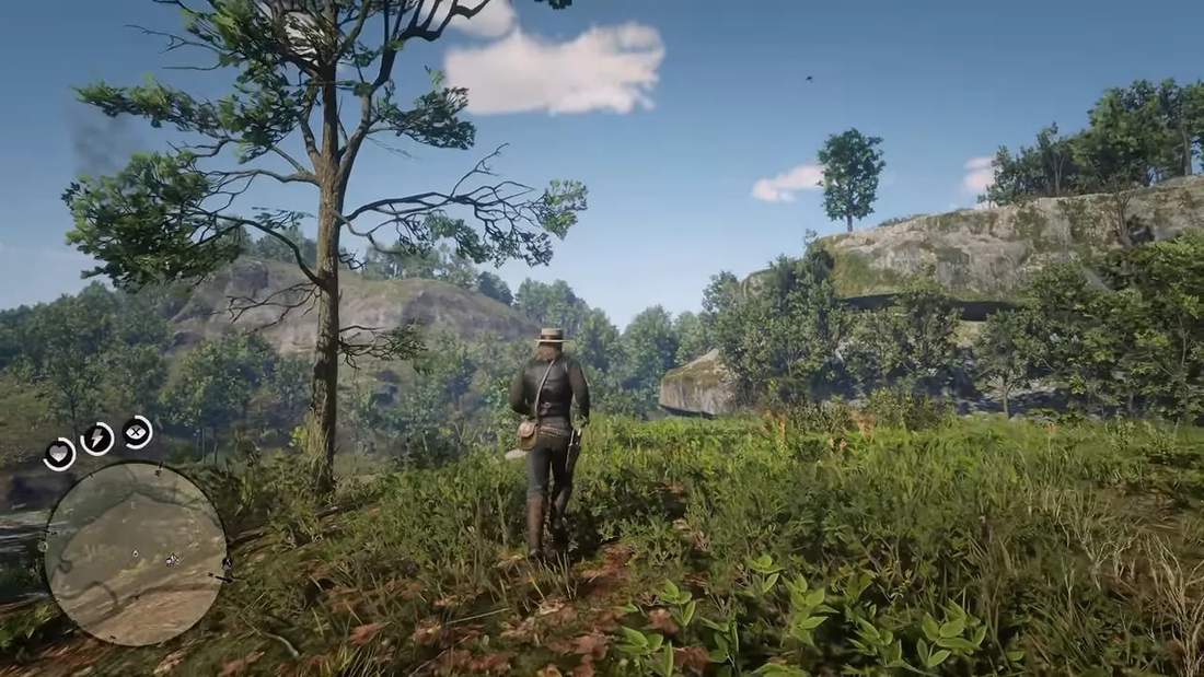 Daytime open landscape with player walking through grass and trees in Red Dead Redemption 2