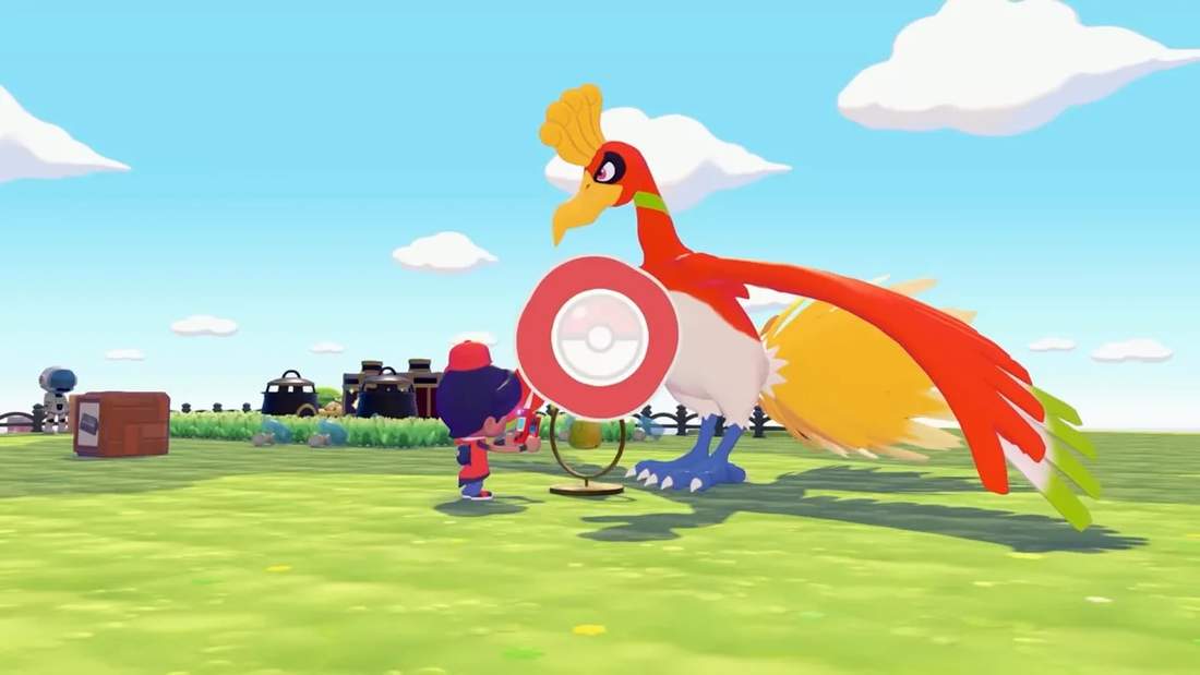 Player ringing the Clear Bell with Ho‑Oh standing beside it on the island