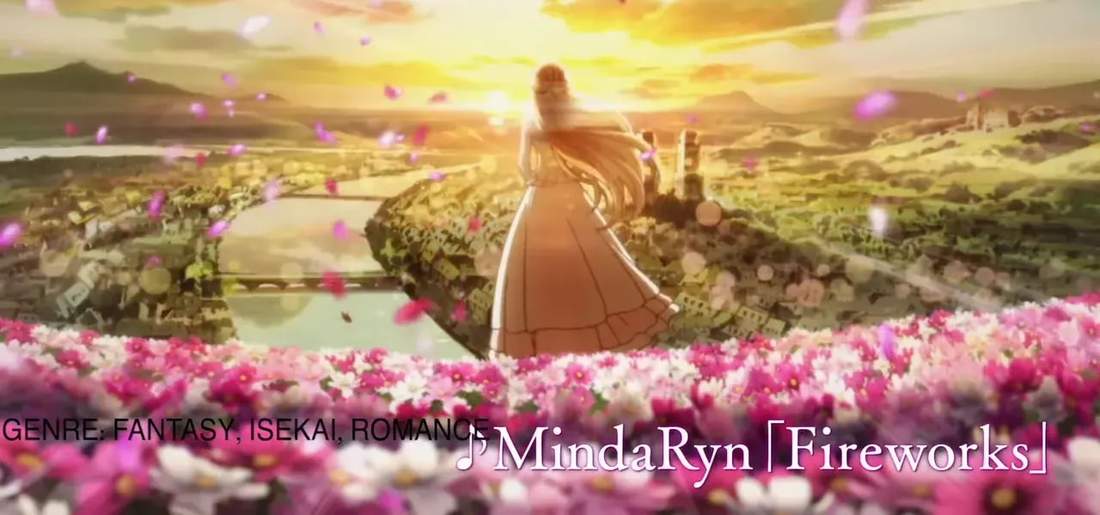 Back view of a female figure looking over a sunlit valley and river with flower petals in foreground