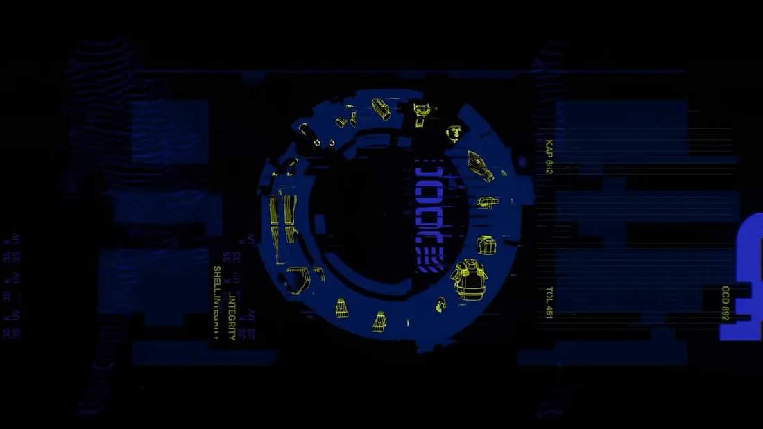 Blue circular schematic display showing runner shell components and equipment icons