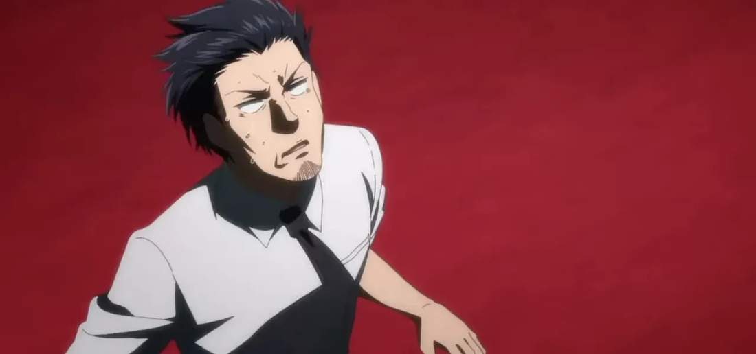 Sweating salaryman in shirt and tie looking upward against a red background