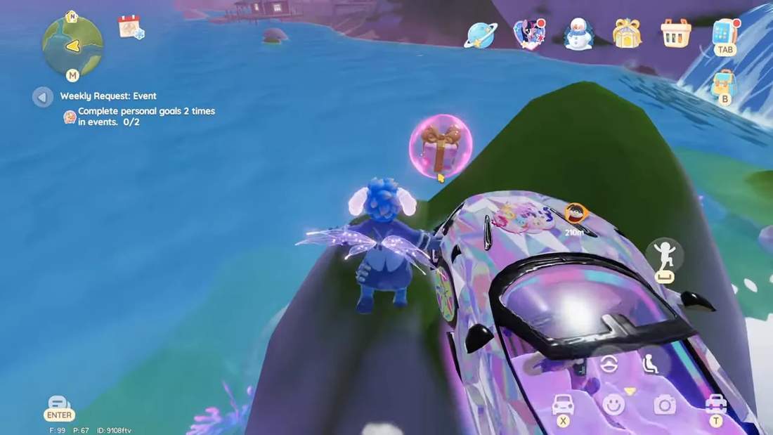 Player character and car on a narrow seaside rock with a pink present bubble floating just off the rock above the water