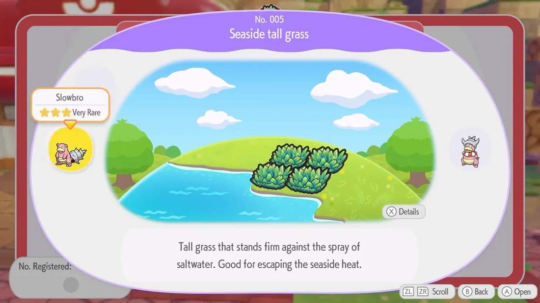 Habitat details for Seaside tall grass with Slowbro highlighted and labeled 'Very Rare' in the menu.