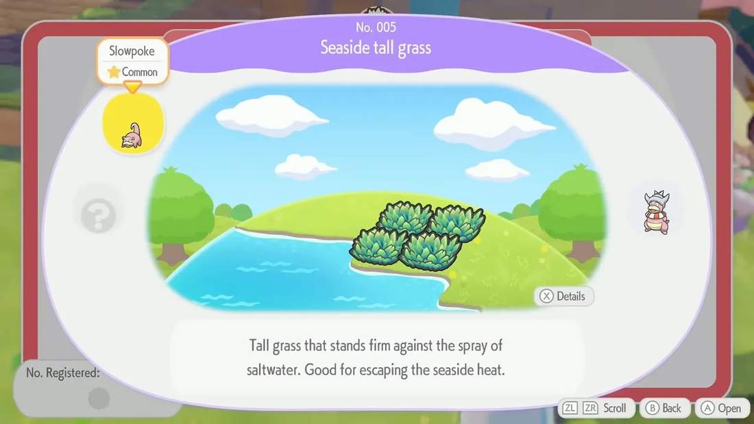 Habitat detail screen for 'Seaside tall grass' showing the habitat illustration, description and Slowpoke