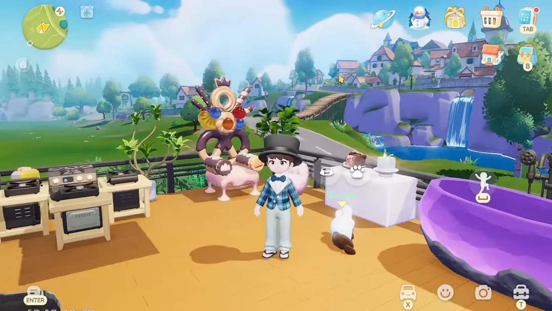 Player standing on a balcony with cooking stations, decorative furniture and food items in Heartopia