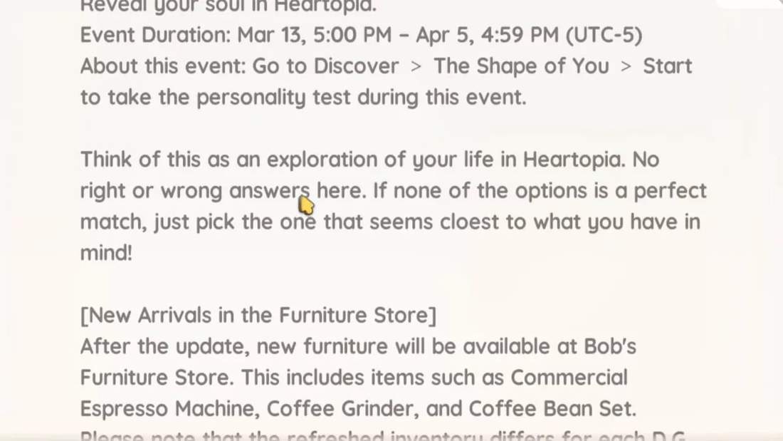 Wider screenshot showing the 'Shape of You' event text (dates and instructions) and the start of the 'New Arrivals in the Furniture Store' heading.