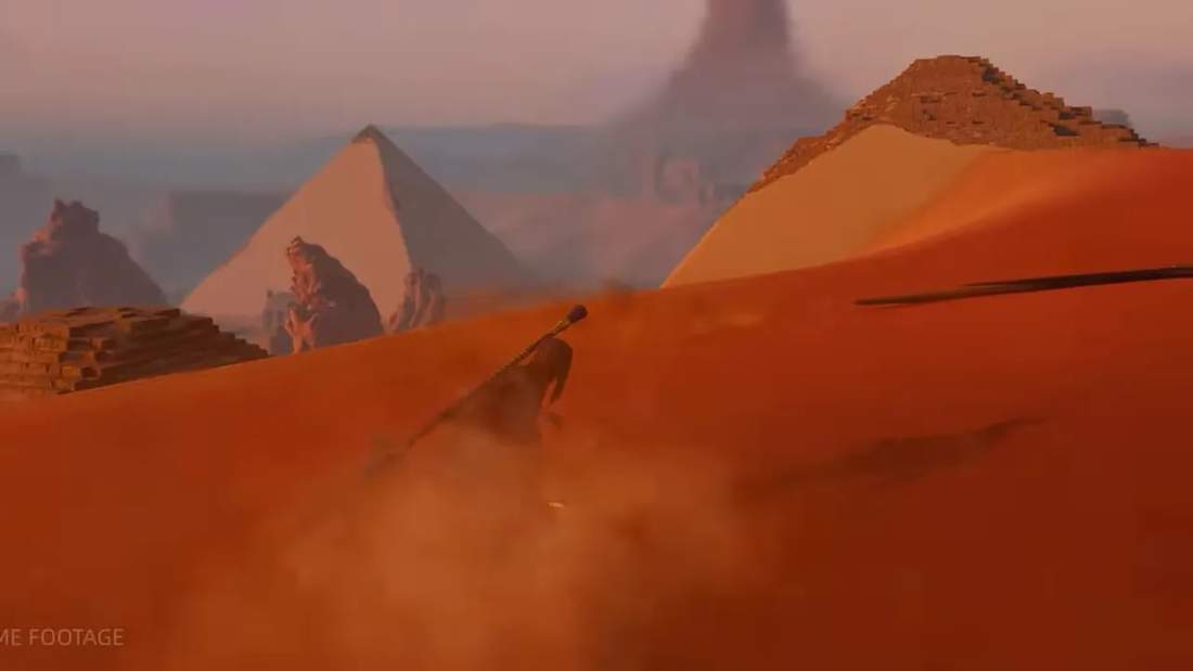 Desert dunes with pyramids and a lone figure running through sand in Soulmask Shifting Sands.