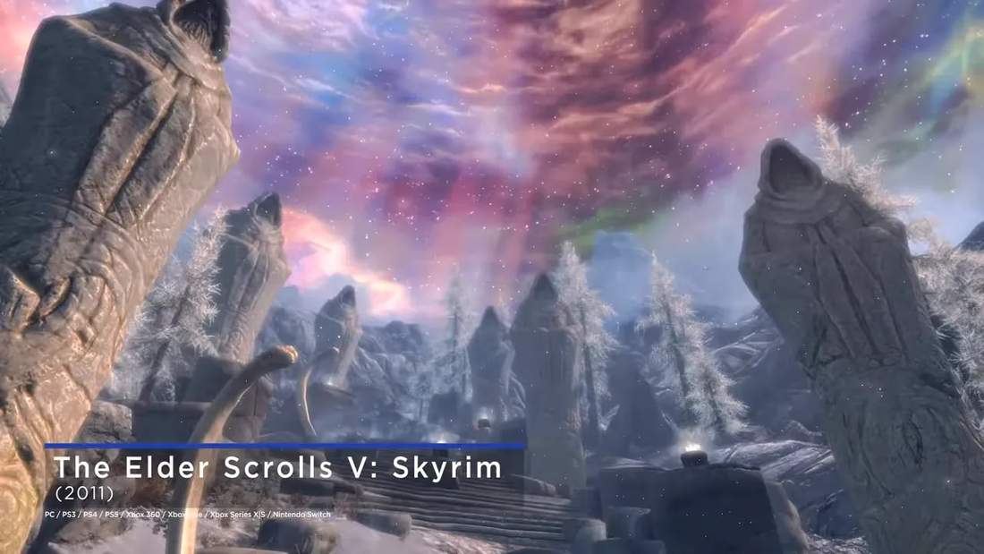 Skyrim snowy standing stones and colorful aurora with The Elder Scrolls V: Skyrim title overlay