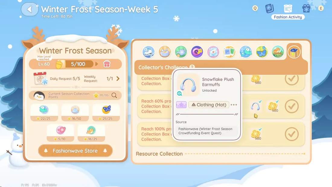 Winter Frost Season Week 5 event tab with a tooltip for Snowflake Plush Earmuffs (Clothing Hat) displayed over the fashion activity list.