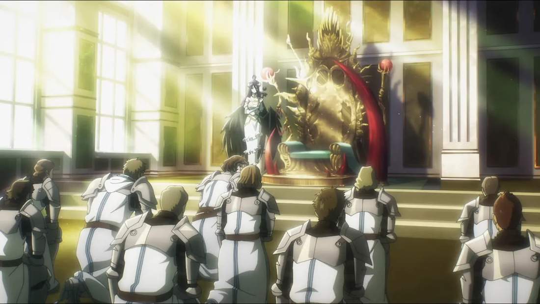 A group of armored soldiers kneeling in a sunlit hall before a throne with a golden figure and Albedo standing nearby
