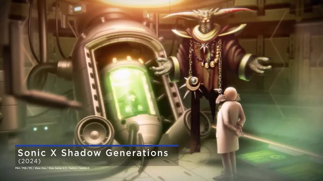Sonic X Shadow Generations title card with villainous figure and scientist in a lab