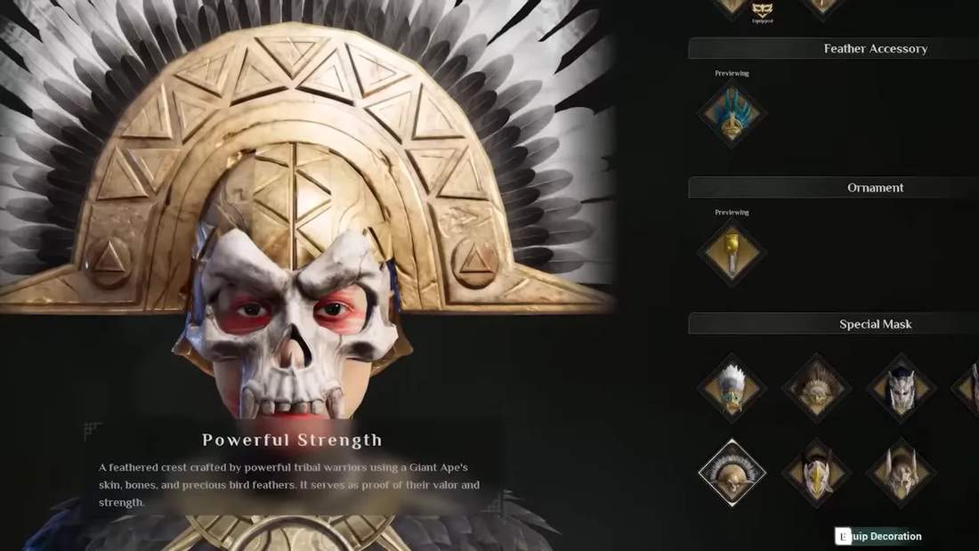 Soulmask mask selection UI showing Powerful Strength feathered crest mask and description