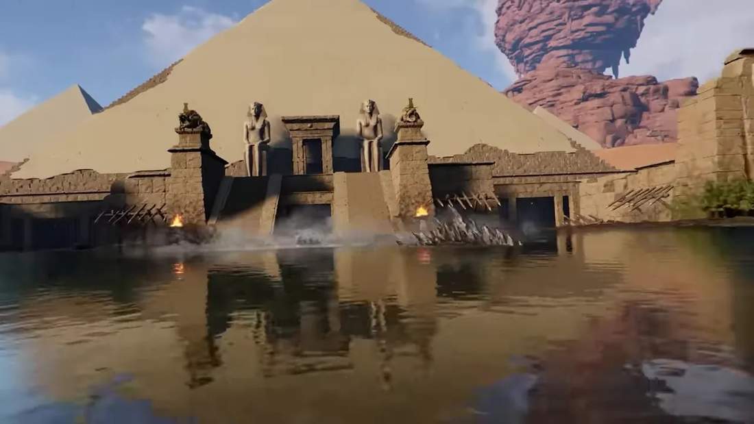 Sunlit pyramid with statue-lined entrance and water reflection at its base in a desert environment