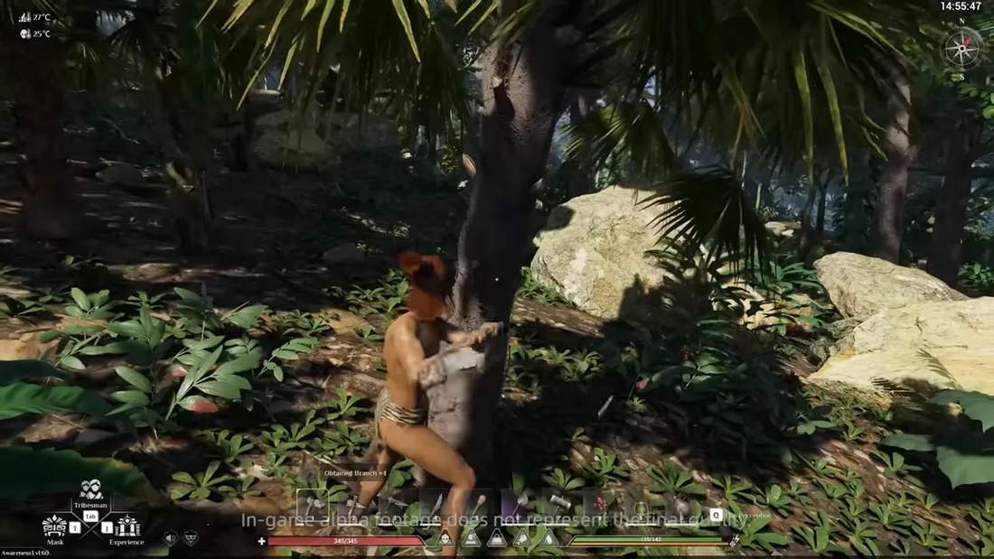 Player chopping a tree in a lush forest with clear HUD showing tribesman, mask, and resource bars