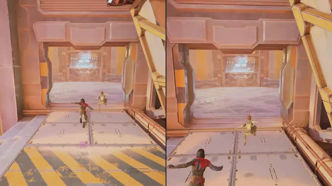 Split Fiction split-screen co-op gameplay showing two players running side-by-side through a corridor