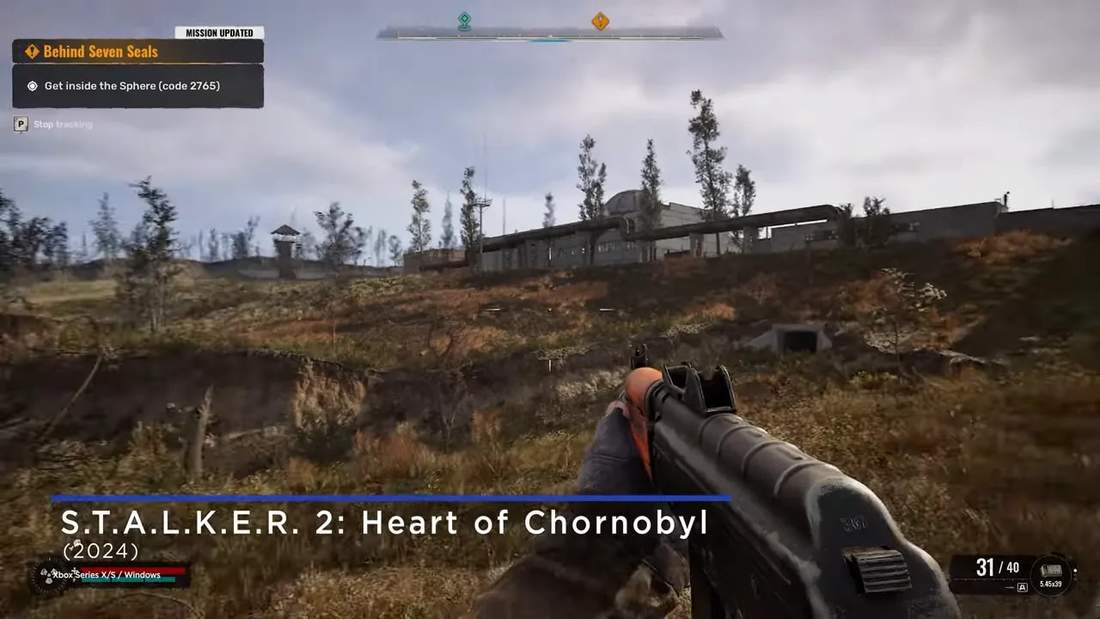 S.T.A.L.K.E.R. 2 first-person approach to a compound, showing the rifle, HUD, and mission objective