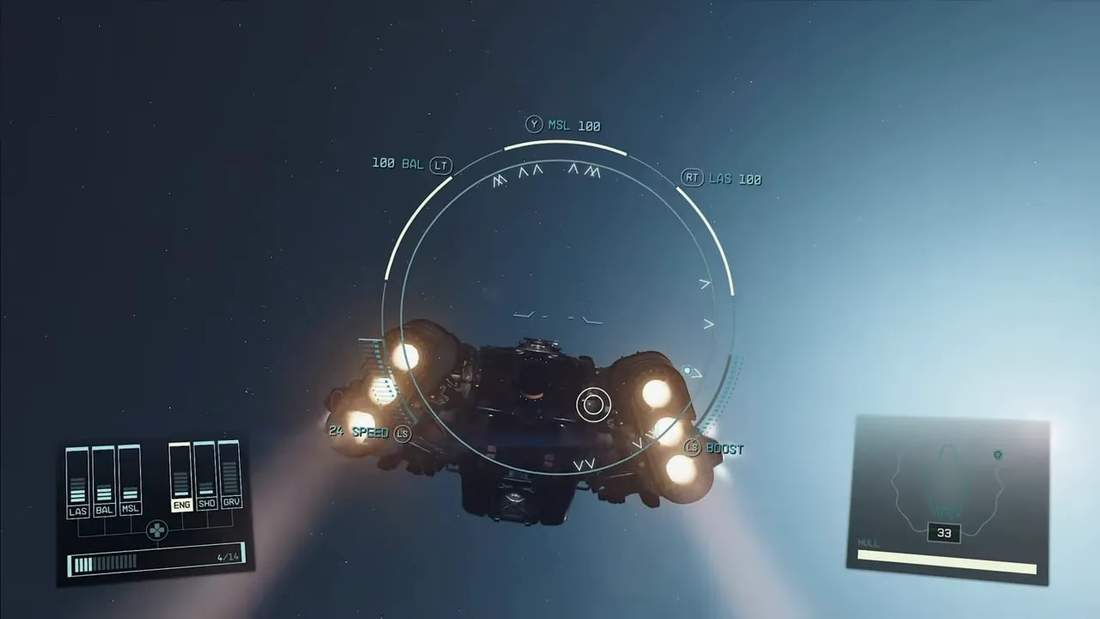 Starfield ship exterior viewed from behind with circular targeting HUD