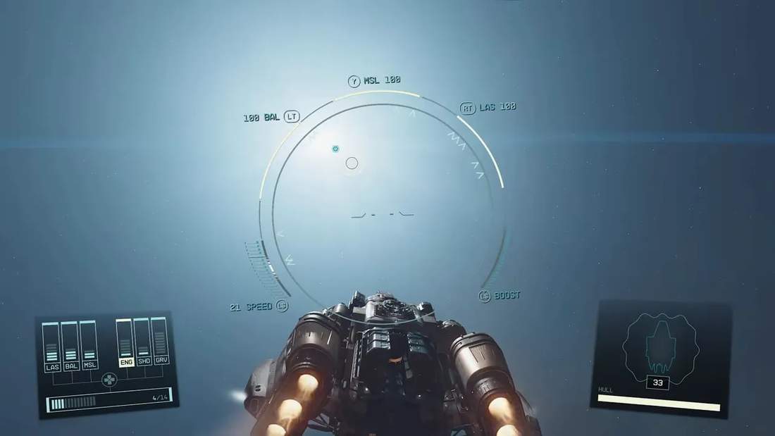 Starfield ship cockpit view showing HUD, engine thrusters and the void of space