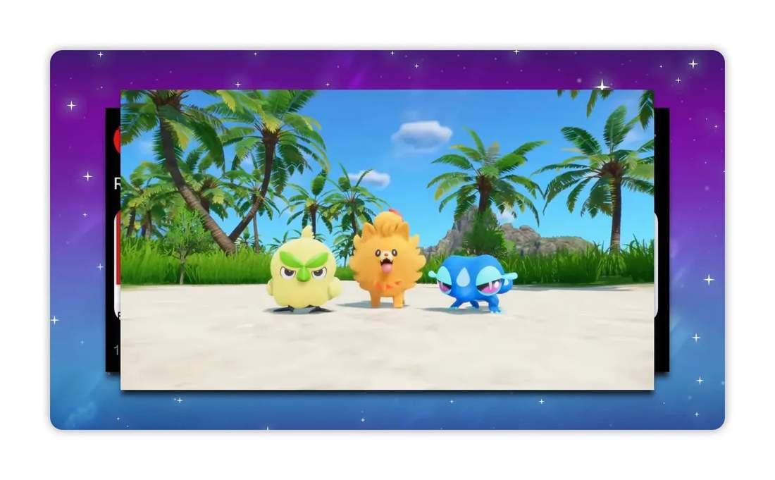Clear render of three starter Pok&eacute;mon &mdash; a green bird, an orange Pomeranian-like dog, and a blue lizard &mdash; standing on sand with palm trees behind them