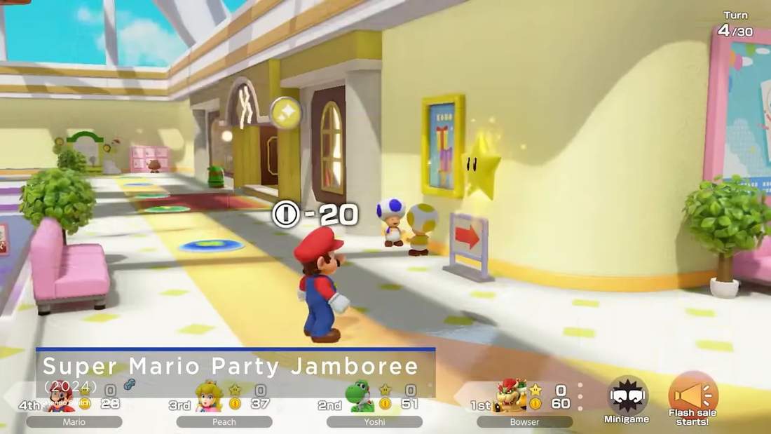 Super Mario Party Jamboree board area with Mario walking, HUD showing coins, rankings and minigame icons
