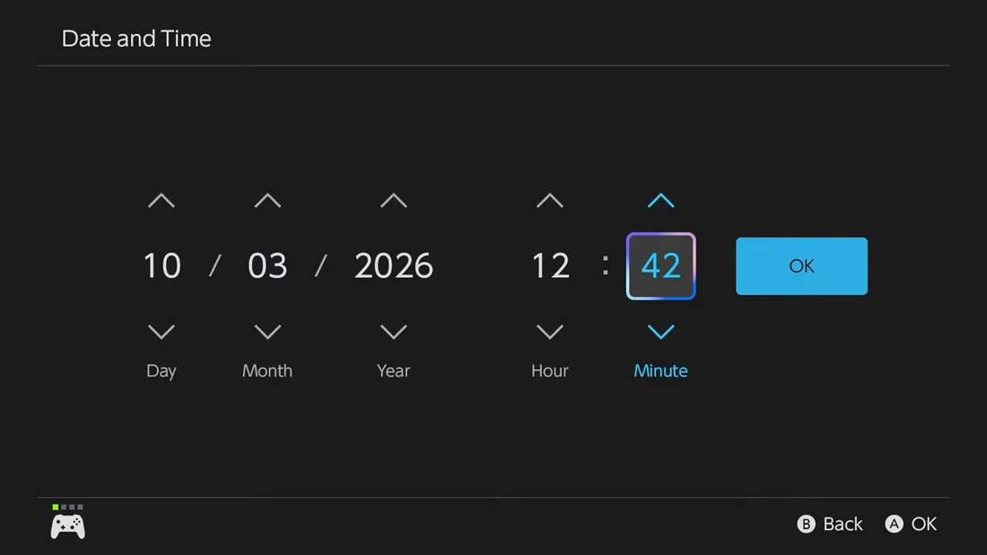 Nintendo Switch Date and Time settings screen with day, month, year, hour and minute controls.