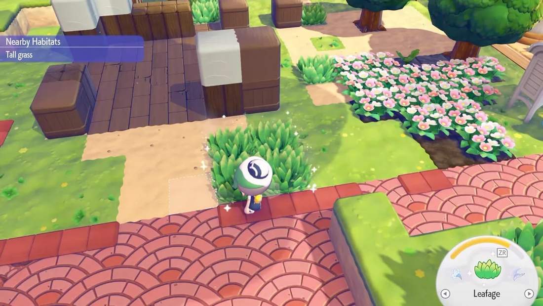 Overhead in-game view of player next to a sparkling cluster of tall grass patches and nearby flower bed