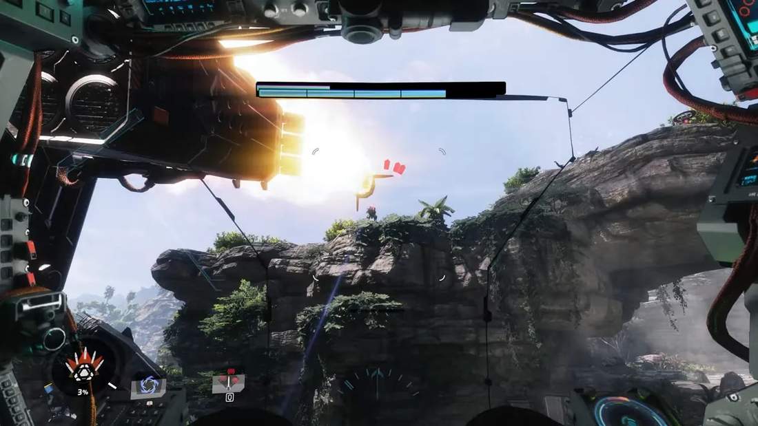 View from inside a Titan cockpit looking up at an explosion and a flying drone over a canyon