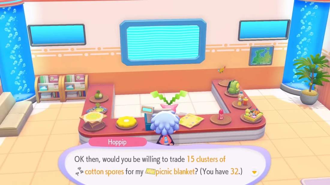 Player at an event NPC counter with dialogue asking to trade 15 clusters of cotton spores for a picnic blanket and the player's spore count visible.