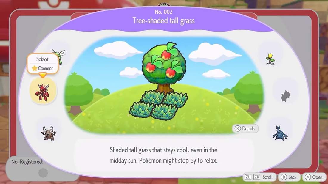 Habitat Dex entry for Tree‑shaded tall grass in Pokopopia, showing the tree, shaded grass patches, description and Pokémon icons.