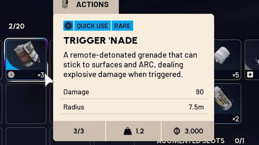 Close-up tooltip for Trigger 'Nade in Arc Raiders showing description, damage 90 and radius 7.5m.