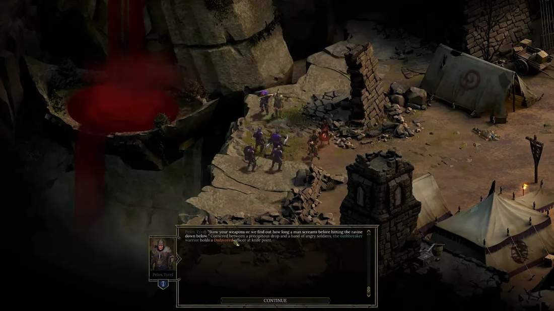 Tyranny in-game scene showing characters in an encampment with a dialogue box and character portrait