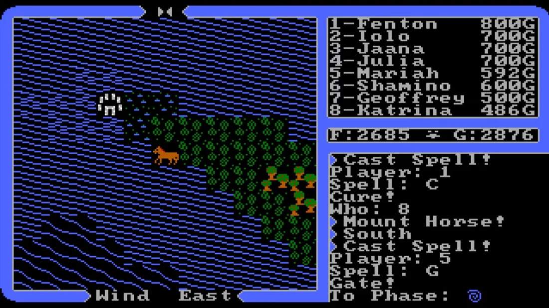 Ultima IV Quest of the Avatar character sheet and spell selection menu over a world map view