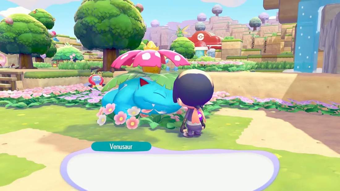 Clear wide view of Venusaur sitting in a nine-flower bed with hedges and no dialogue overlay