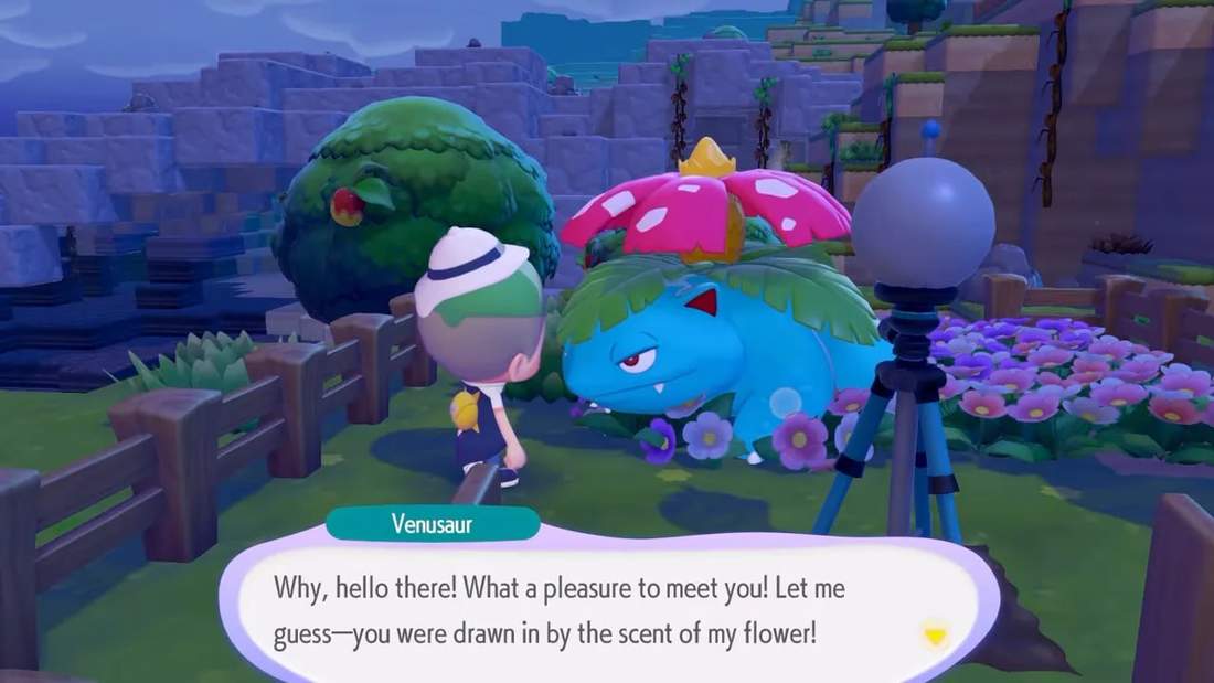 Venusaur spawned in a large flower bed next to a security camera in Pokémon Pokopia, player nearby.
