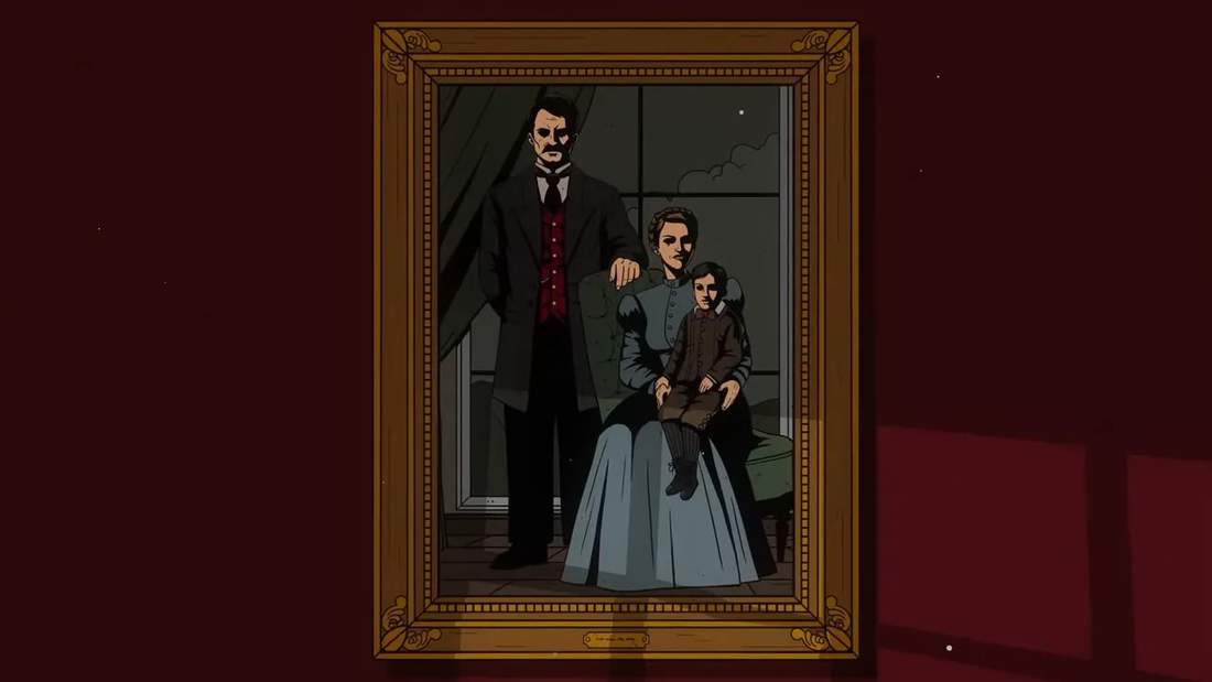 Framed Victorian family portrait painting on a dark red wall inside a manor