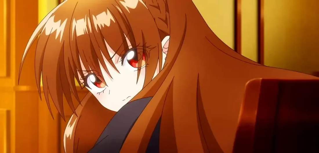 Three-quarter view of brown-haired villainess looking back with red eyes in warm lighting