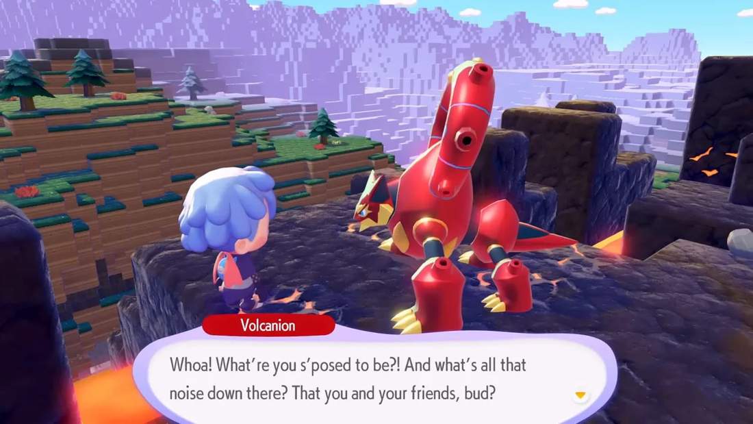 Volcanion confronting the player on a volcanic plateau with dialogue text visible
