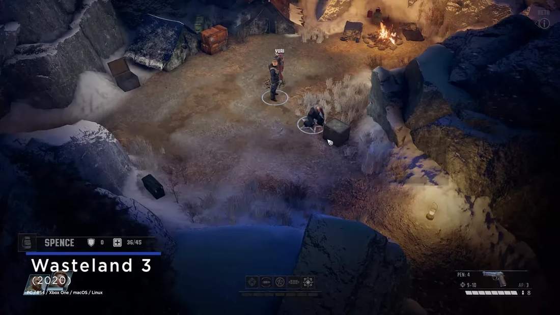 Wasteland 3 gameplay screenshot with on-screen title overlay and snowy environment