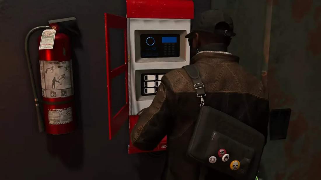 Player interacting with a red hackable terminal on a wall inside a building