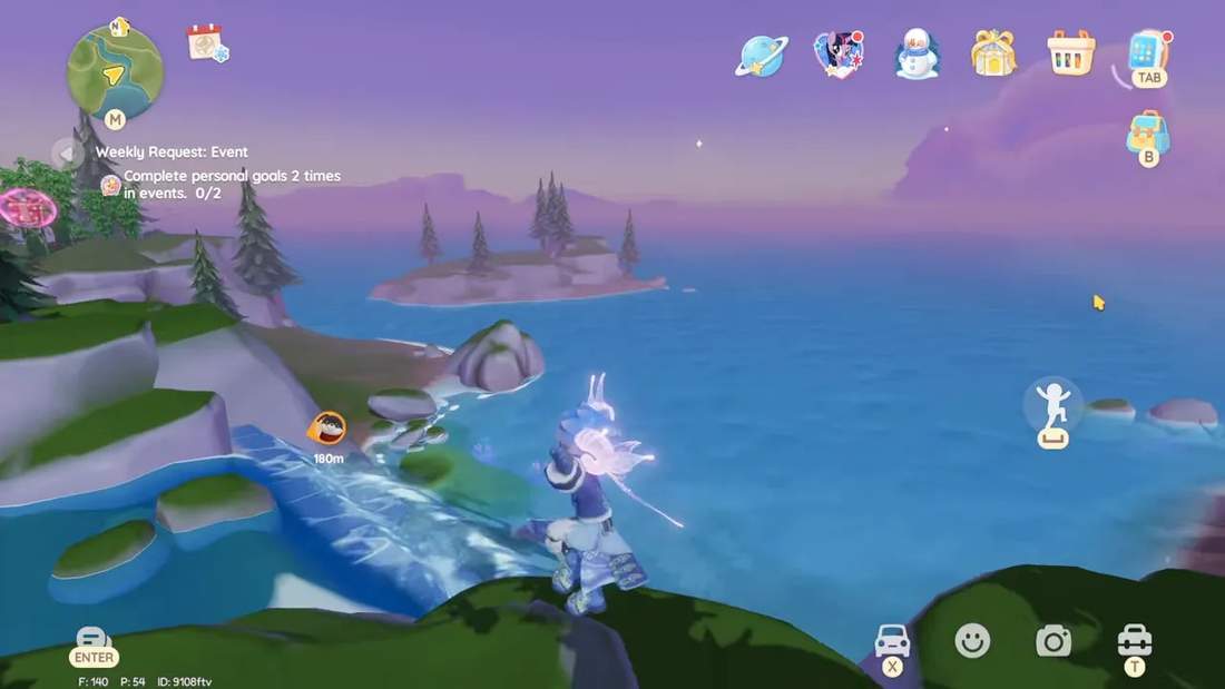 Player overlooking a small waterfall that flows from a river into the sea with islands visible in the distance