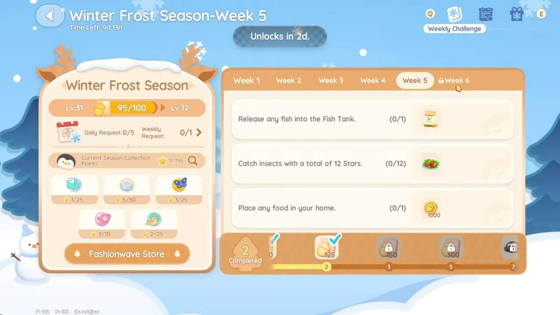Winter Frost Season panel showing 'Time Left: 9d 13h', level progress (95/100), current season collection points and the Week 5 tasks list.