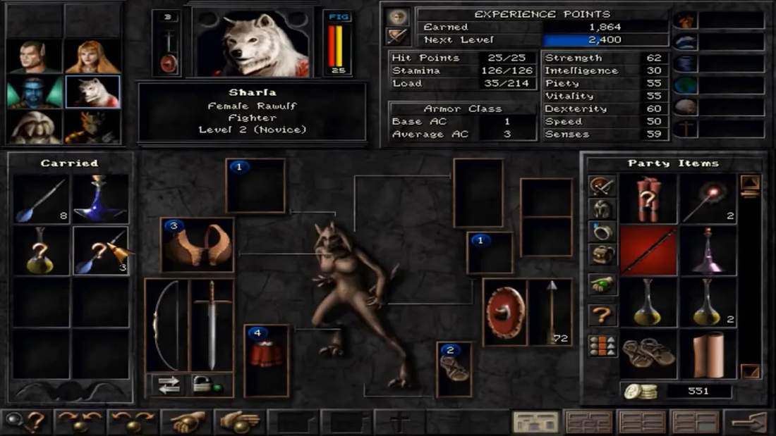 Wizardry 8 party screen showing Sharla stats and party items