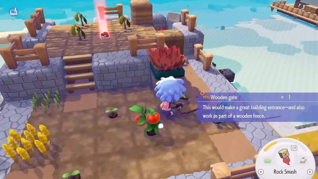 Player collects a wooden gate recipe on Dream Island with item tooltip visible