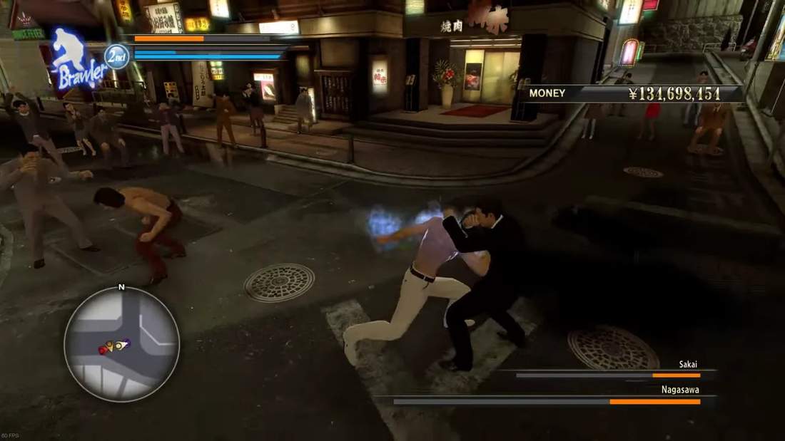Yakuza 0 combat screenshot showing two fighters grappling in a nighttime city street with HUD