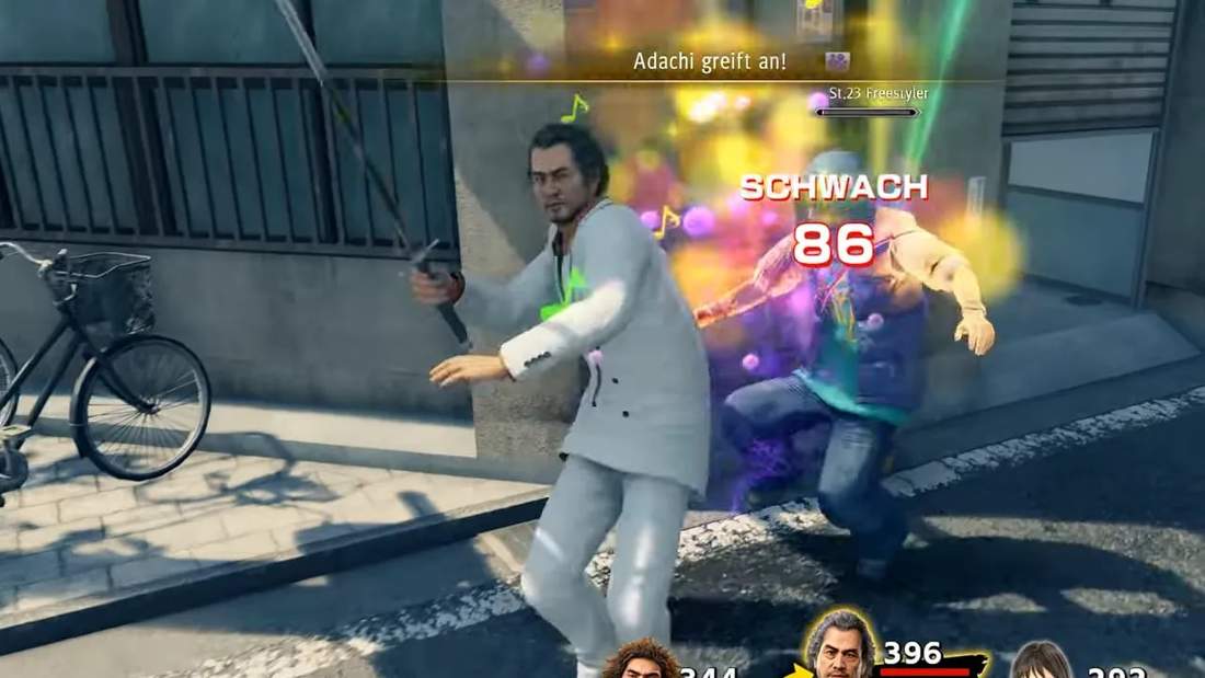 Yakuza: Like a Dragon turn-based battle screen with battle effects and HUD