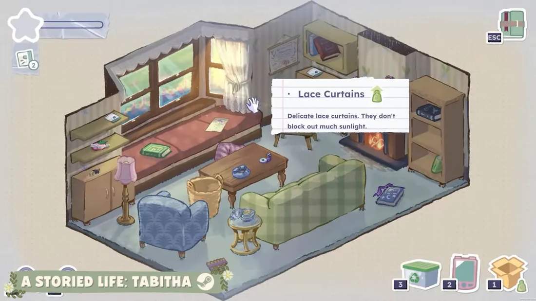 Isometric bedroom in A Storied Life: Tabitha with an on-screen prompt for placing lace curtains