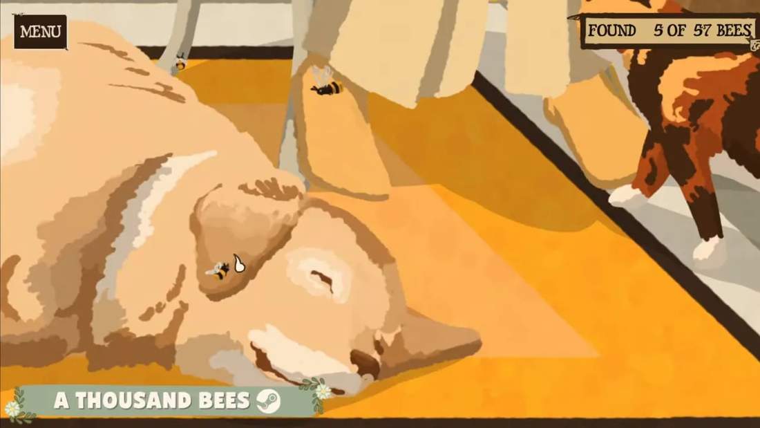 A Thousand Bees gameplay screenshot showing bees near a sandy path with warm hand-painted lighting