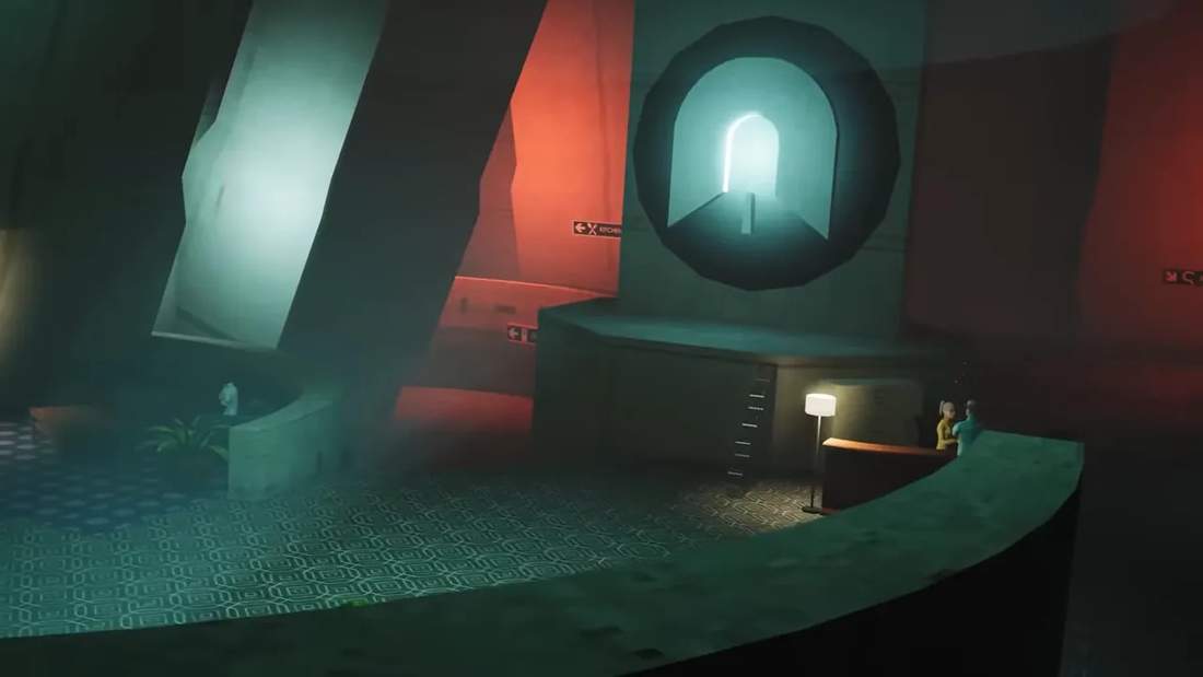 Abiotic Factor screenshot of a dim research facility interior with a glowing doorway and lab console