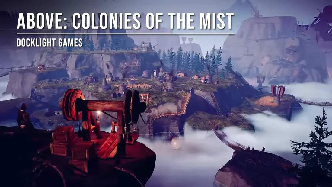 Above: Colonies of the Mist screenshot showing infrastructure and tram connections over misty water and cliffs