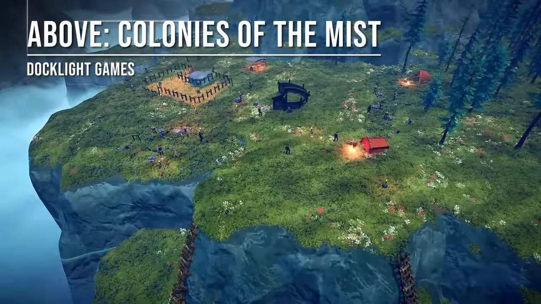 Above: Colonies of the Mist settlement on a grassy plateau with guards and structures